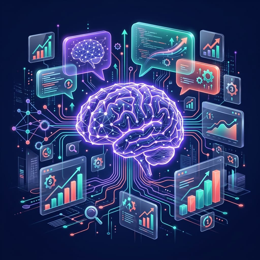 AI-powered SEO showing neural network brain connected to search analytics