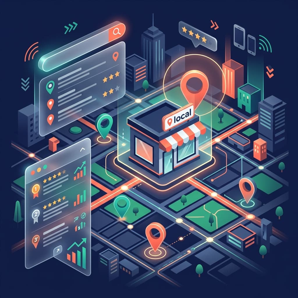 Local SEO showing city map with business location pins and search rankings