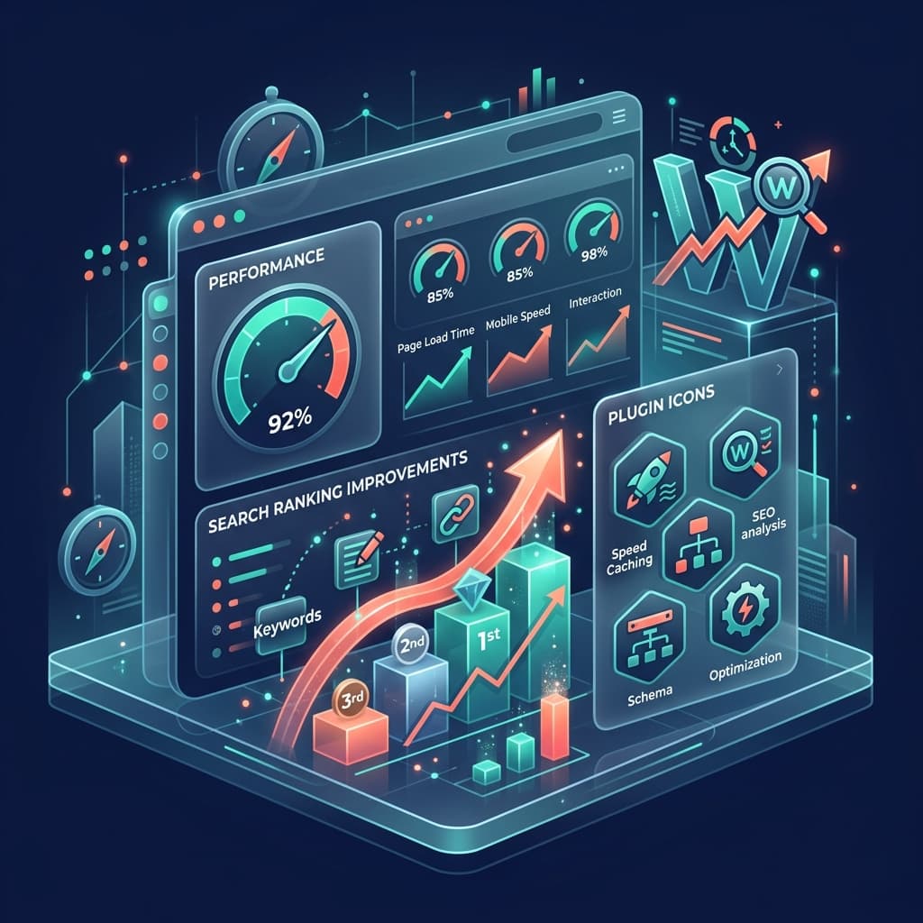 WordPress SEO optimization dashboard showing performance metrics and ranking improvements